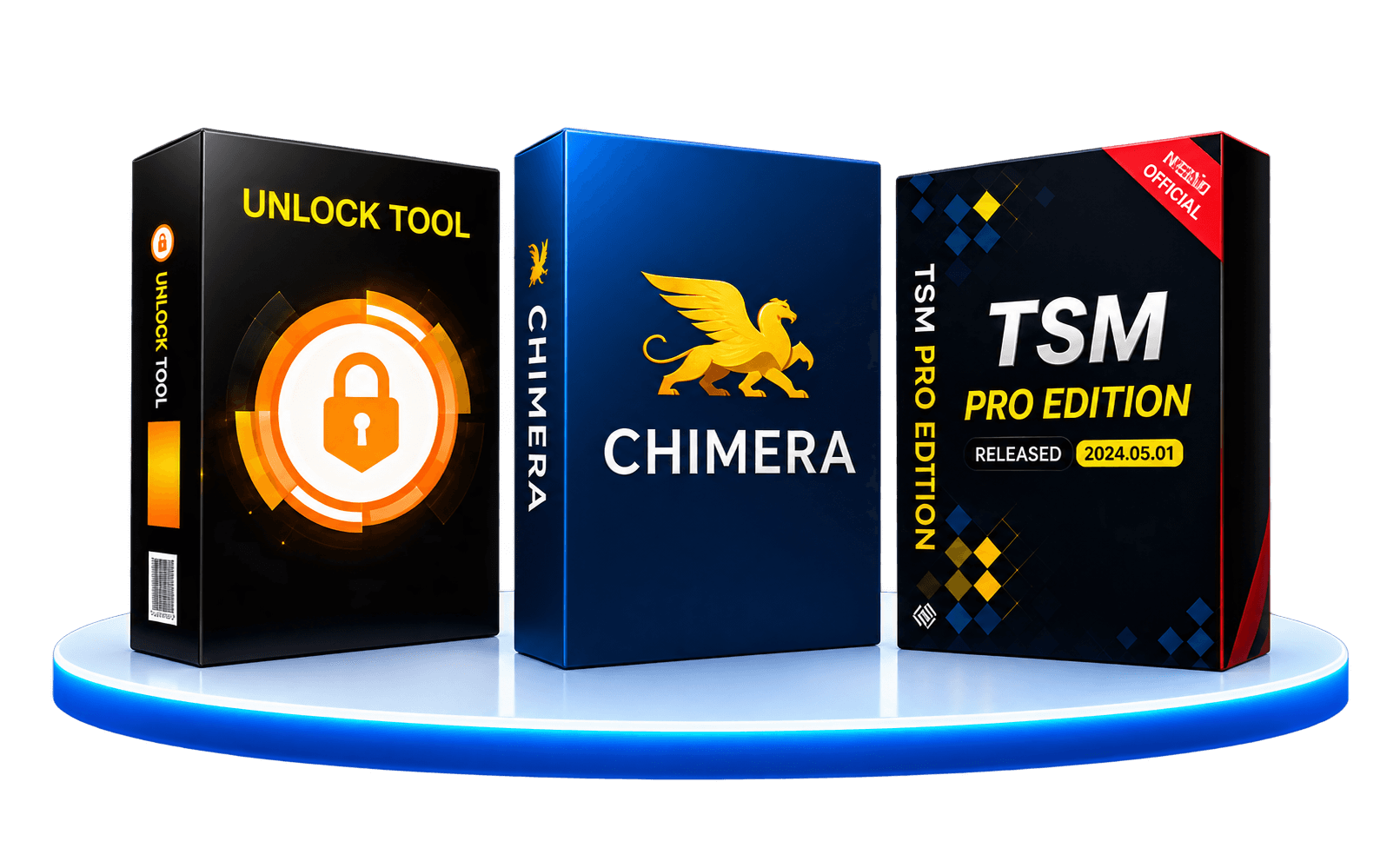 Unlock Tool, Chimera e TSM Pro sobre uma plataforma iluminada